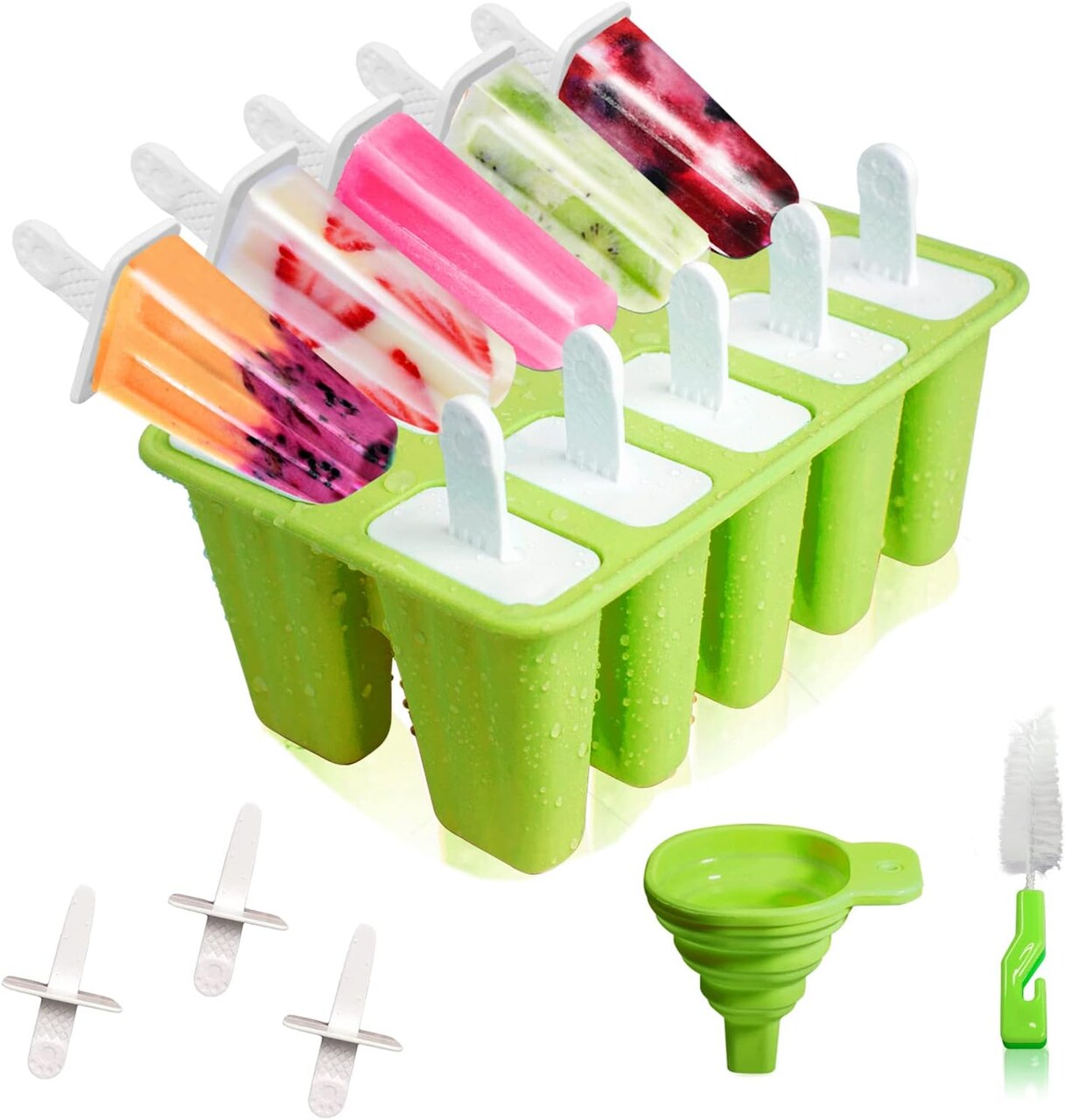 Popsicle Molds 10 Cavities BPA Free Silicone Popsicle Molds, Reusable Popcicale Mould Silicone for Kids, Ice Pop Molds Silicone Popsicle Maker Homemade Ice Cream Mold (Forest Green)